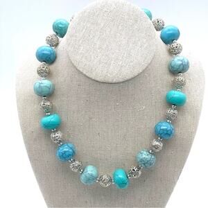 Chaps Faux Turquoise Necklace Rondelle Bead Filagree Silver Tone Ball